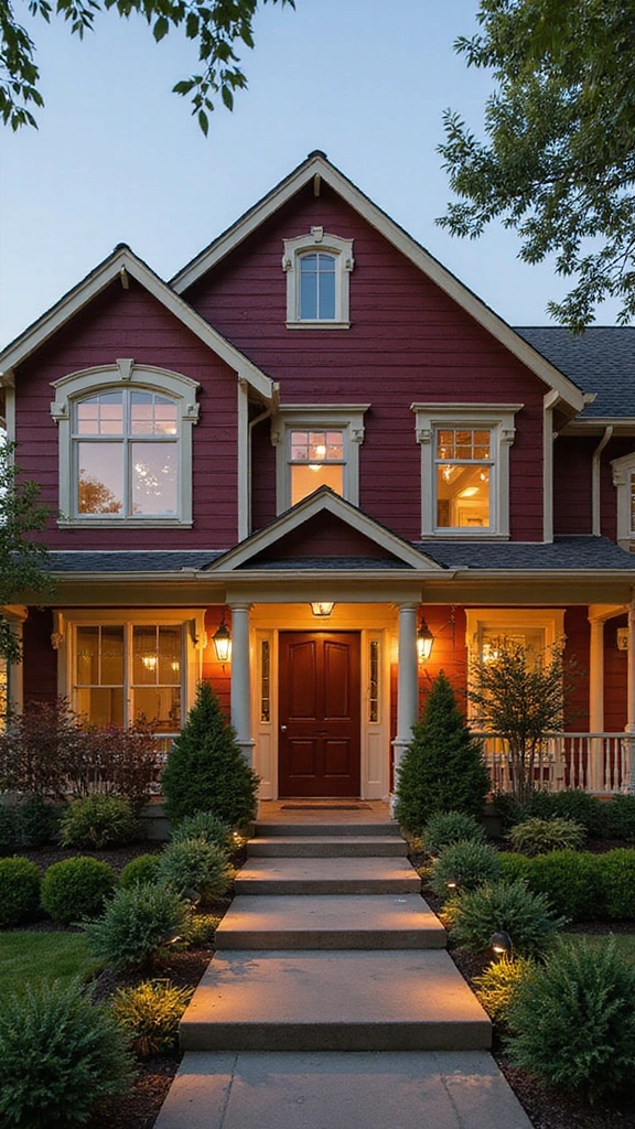 23 Inspirational Exterior Color Schemes to Brighten Up Your Home (Don’t Miss #10!) - 21. Elegant Burgundy and Soft Cream