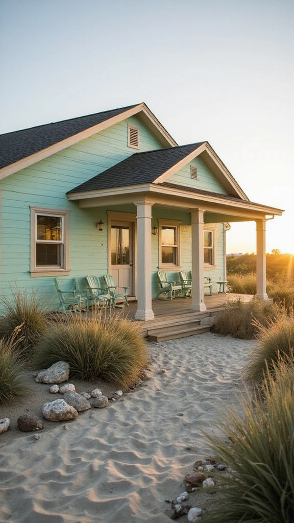23 Inspirational Exterior Color Schemes to Brighten Up Your Home (Don’t Miss #10!) - 4. Gentle Seafoam and Sandy Beige