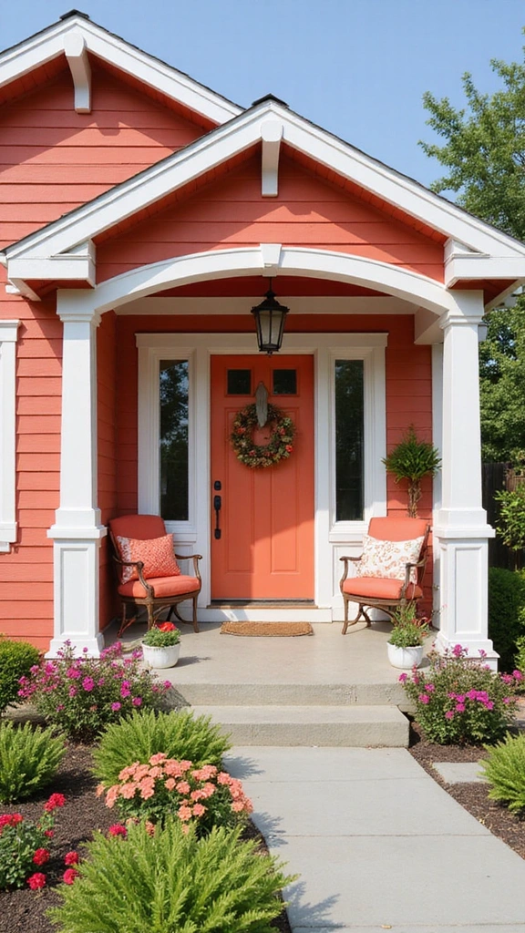 23 Inspirational Exterior Color Schemes to Brighten Up Your Home (Don’t Miss #10!) - 5. Bold Coral and Soft White