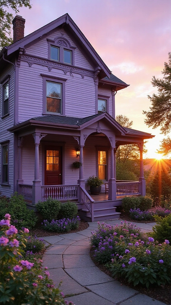 23 Inspirational Exterior Color Schemes to Brighten Up Your Home (Don’t Miss #10!) - 6. Soft Lavender and Deep Plum