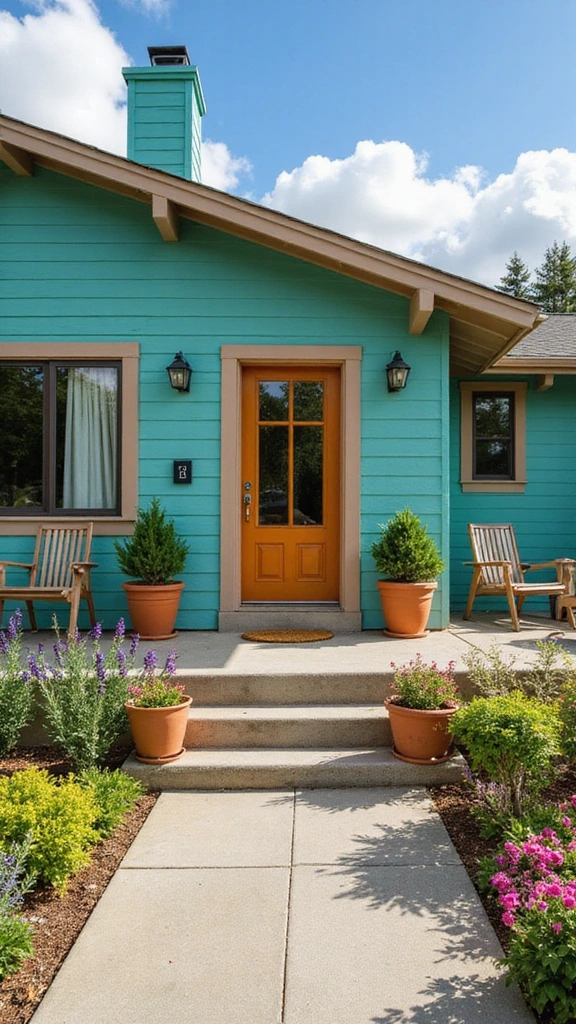 23 Inspirational Exterior Color Schemes to Brighten Up Your Home (Don’t Miss #10!) - 7. Bright Teal and Warm Taupe