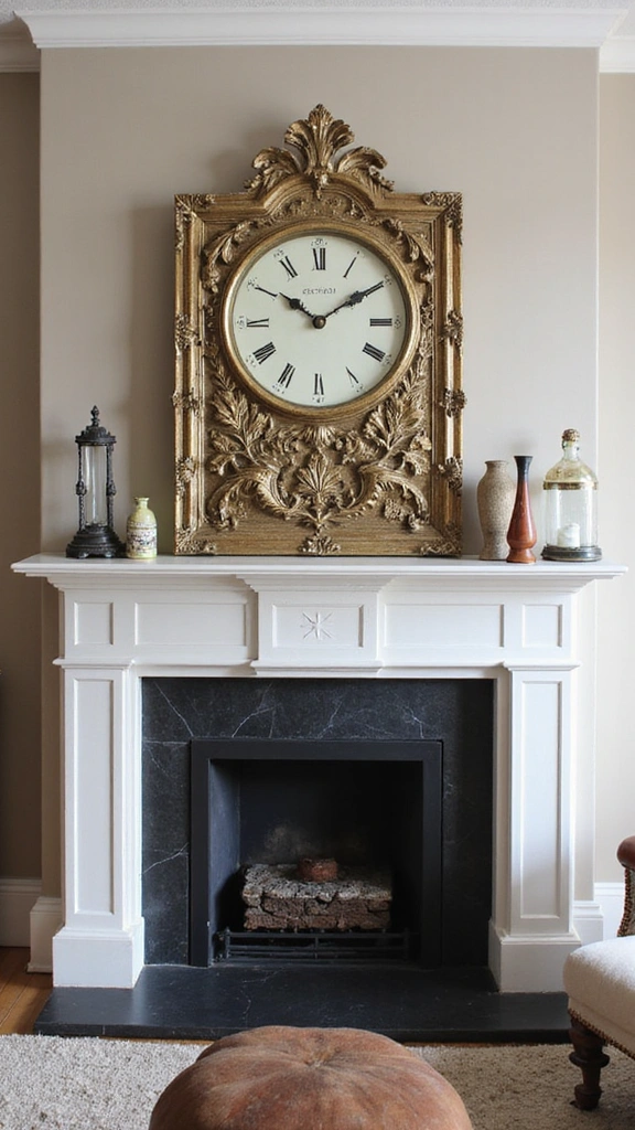 15 Fireplace Decor Ideas to Turn Your Living Room into a Cozy Haven (You'll Love #9!) - 9. A Stylish Mantel Clock