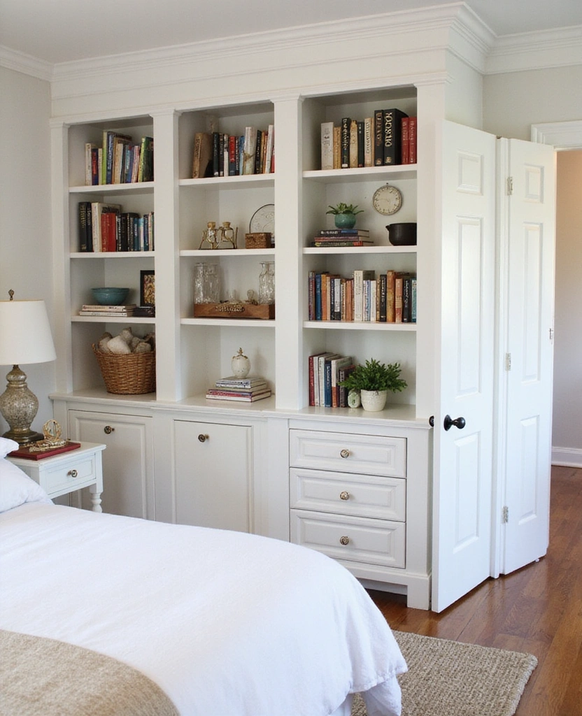 28 Modern White Bedroom Ideas for a Peaceful Sanctuary You’ll Never Want to Leave! - 13. Built-In Bookshelves