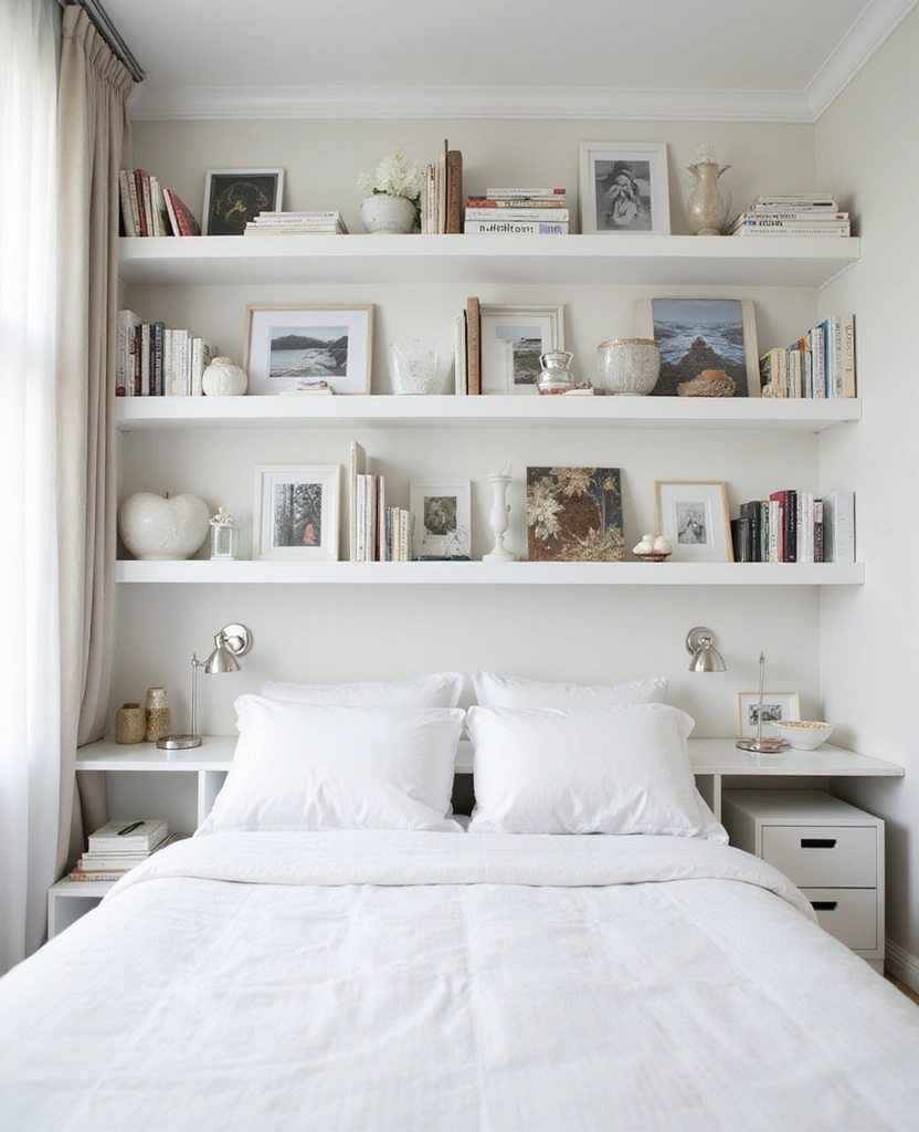 28 Modern White Bedroom Ideas for a Peaceful Sanctuary You’ll Never Want to Leave! - 19. Behind-the-Bed Shelving