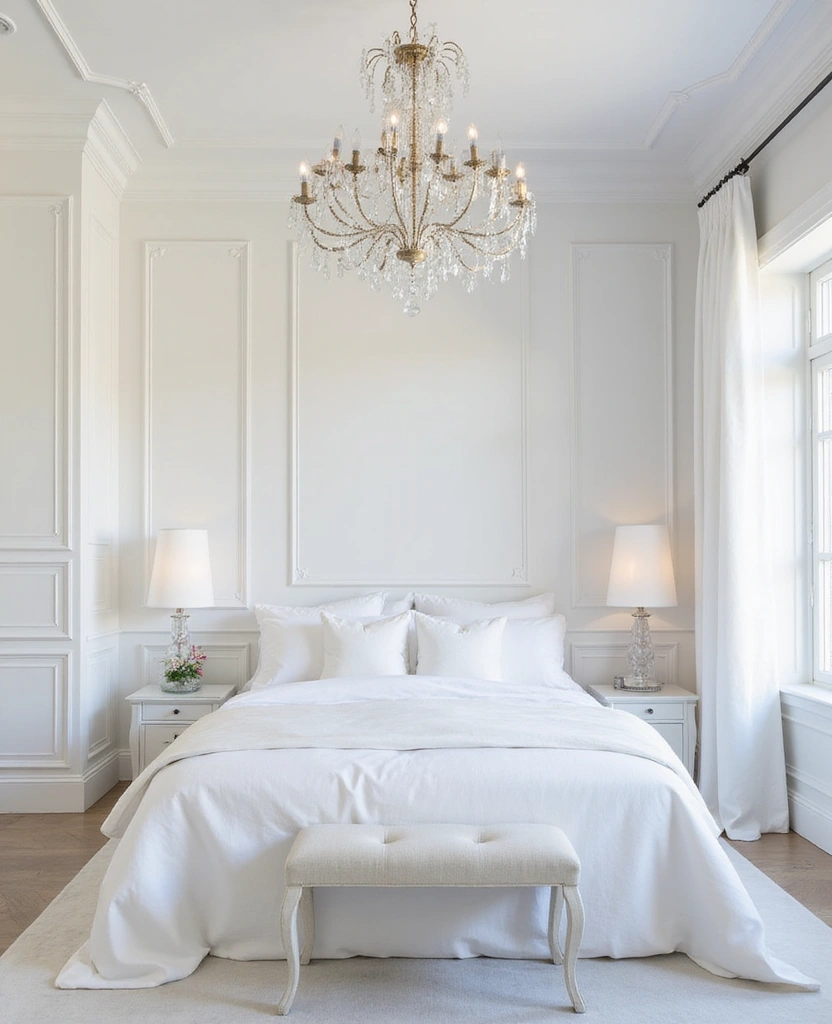 28 Modern White Bedroom Ideas for a Peaceful Sanctuary You’ll Never Want to Leave! - 23. Elegant Chandeliers