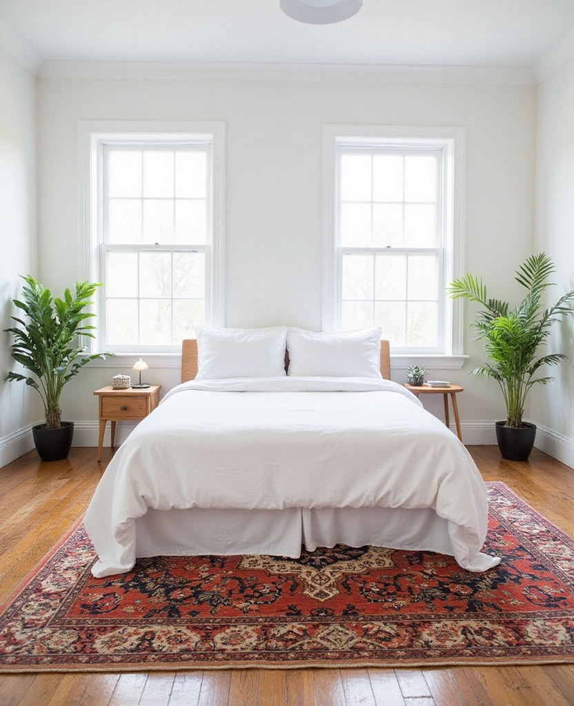 28 Modern White Bedroom Ideas for a Peaceful Sanctuary You’ll Never Want to Leave! - 26. Statement Rugs