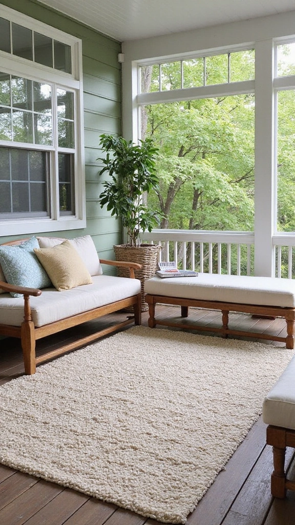 18 Screened In Porch Decorating Ideas That'll Make You Want to Live Outside! - 13. Textured Rugs for Comfort