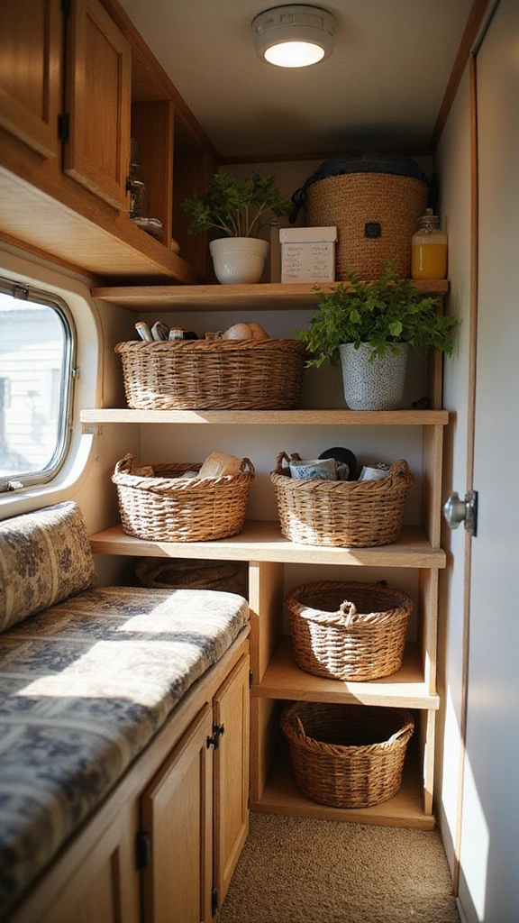 13 Easy Hacks for Small Camper Organization That You Can Implement Today! - 5. Use Baskets for Clutter Control