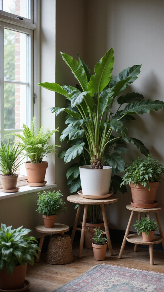 21 Aesthetic Plant Decor Indoor Ideas That Will Revamp Your Room Design (You’ll Love #10!) - 4. Vintage-Style Plant Stands