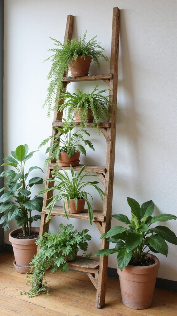 21 Aesthetic Plant Decor Indoor Ideas That Will Revamp Your Room Design (You’ll Love #10!) - 7. Plant Ladder Display