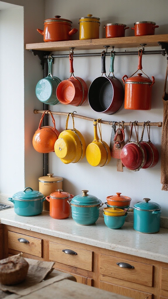21 Vibrant Kitchen Countertop Decor Ideas That Will Wow Your Guests! - 13. Colorful Cookware Display