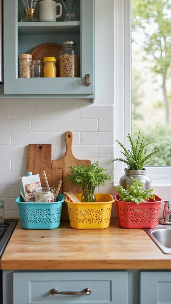 21 Vibrant Kitchen Countertop Decor Ideas That Will Wow Your Guests! - 17. Brightly Colored Storage Baskets