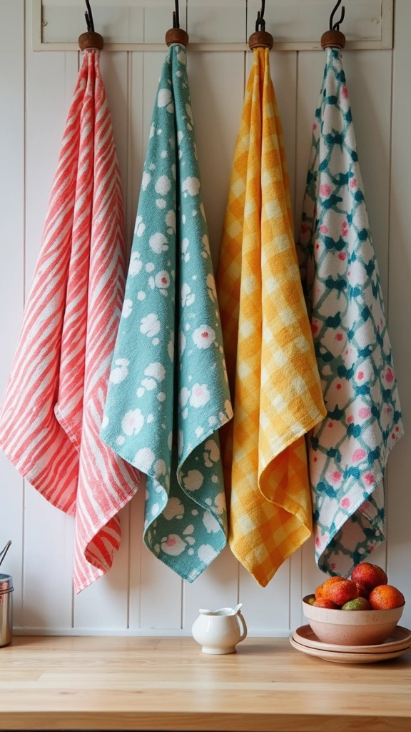 21 Vibrant Kitchen Countertop Decor Ideas That Will Wow Your Guests! - 7. Whimsical Tea Towel Display